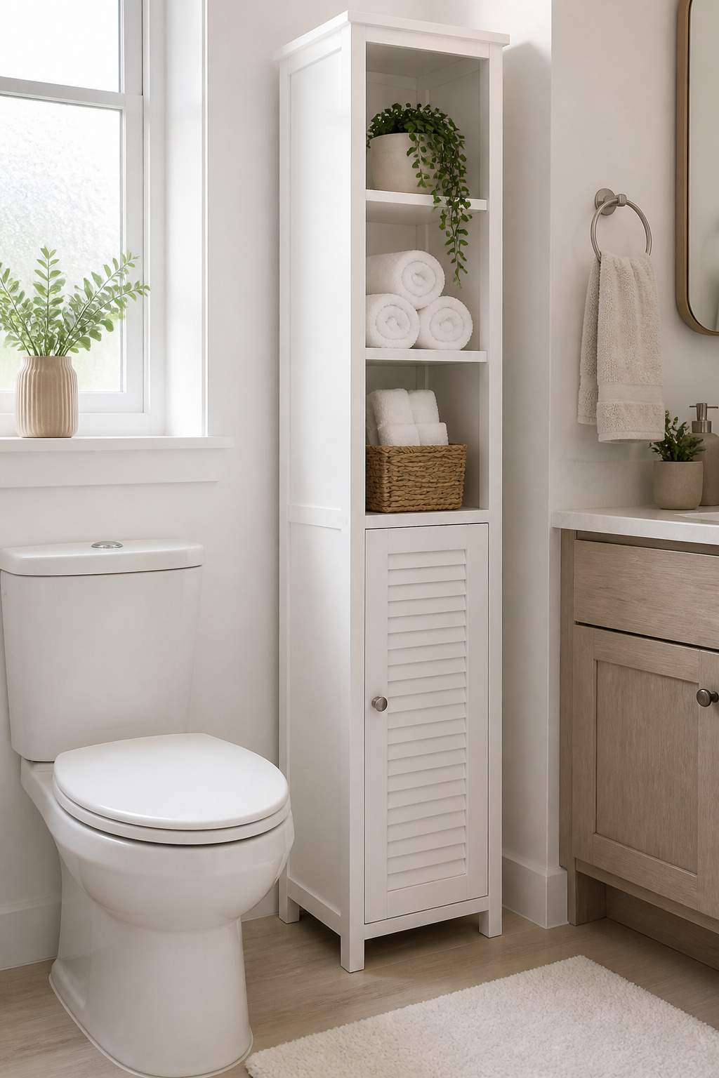A freestanding tower reclaims vertical space in any apartment bathroom without a single screw in the wall.