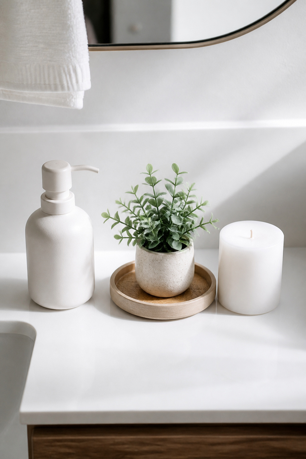 Three items on the countertop. Everything else in a drawer. This is the principle that professional organizers consistently apply to apartment bathroom counters.