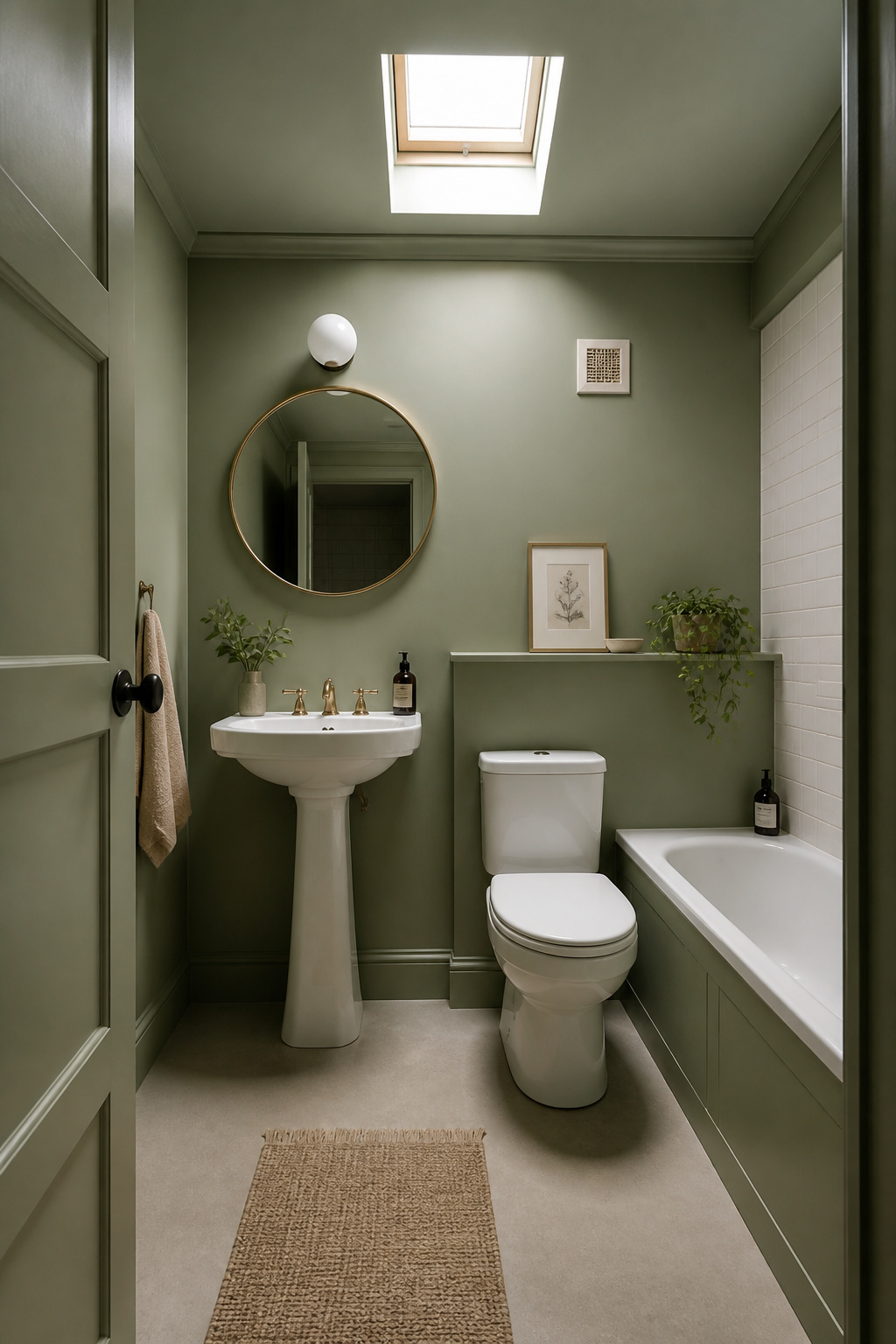 A full monochromatic palette removes every corner and edge from view, making a small apartment bathroom feel boundless rather than confined.