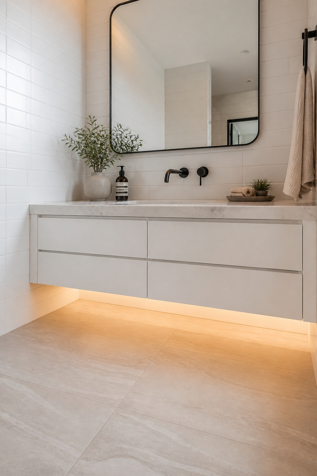 A floating vanity exposes the floor plane beneath it, making even the smallest apartment bathroom feel more open and considered.