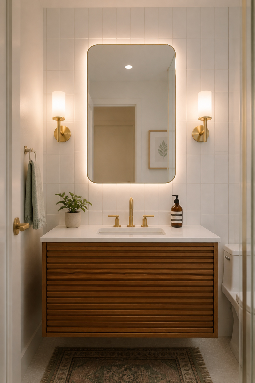 Side sconces at face height, paired with a backlit mirror, eliminate the flat unflattering light that most apartment bathroom overhead fixtures produce.