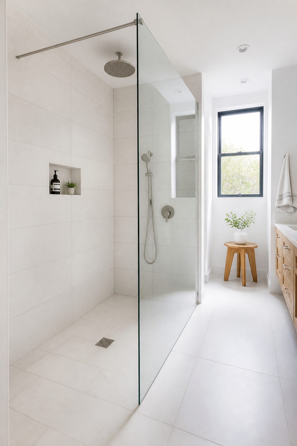 A curbless walk-in shower makes an apartment bathroom feel larger and removes the step-over risk that accounts for a disproportionate share of bathroom injuries.
