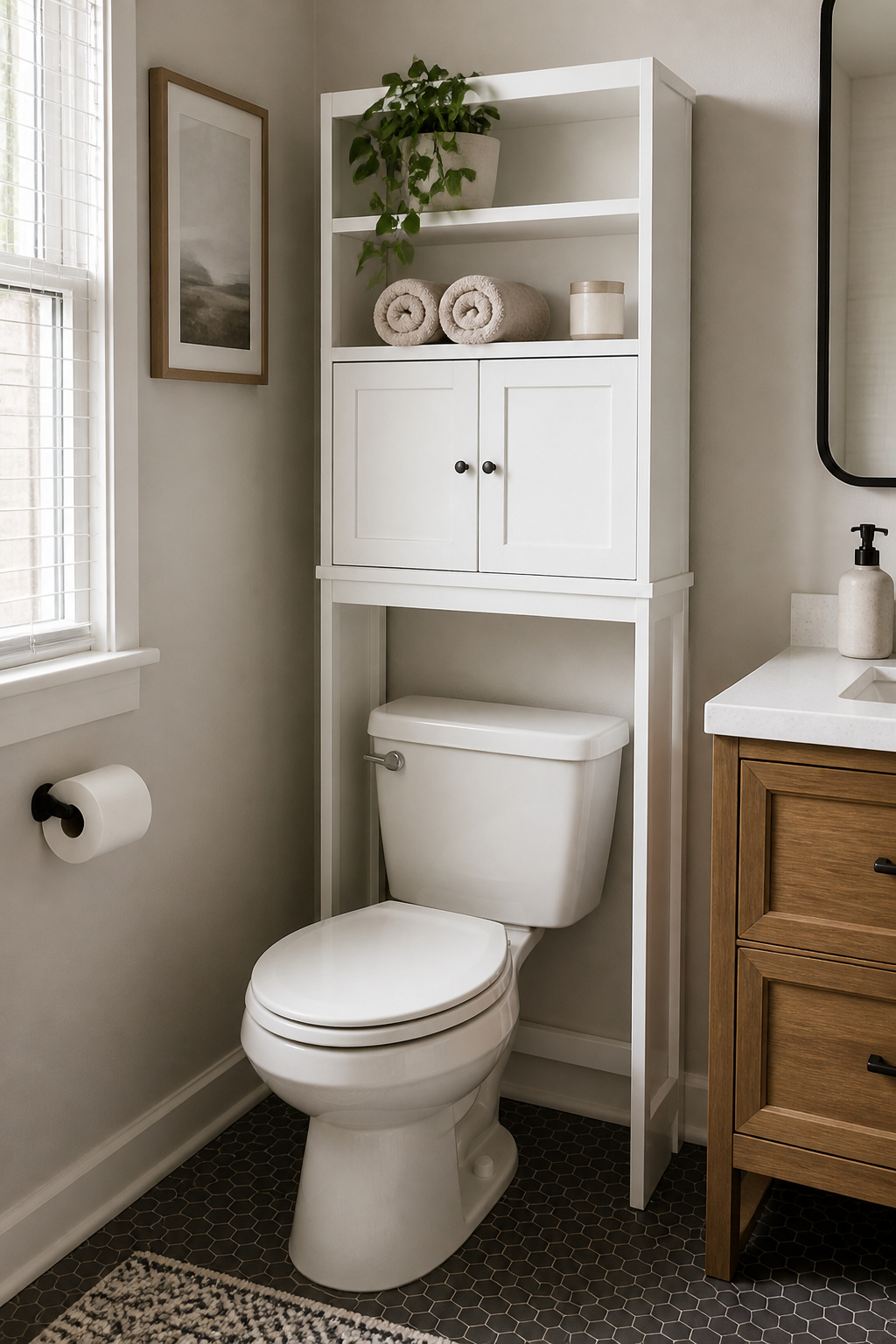 An over-toilet unit turns the most consistently wasted vertical space in an apartment bathroom into genuine, organized storage.
