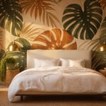 Botanical bedroom wallpaper is the single most evidence-backed bedroom wallpaper design for sleep quality — this deep forest green and cream feature wall demonstrates exactly why scale and palette matter.