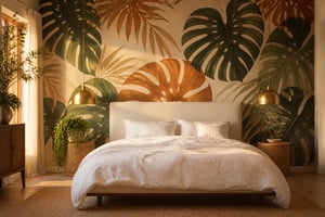 Botanical bedroom wallpaper is the single most evidence-backed bedroom wallpaper design for sleep quality — this deep forest green and cream feature wall demonstrates exactly why scale and palette matter.