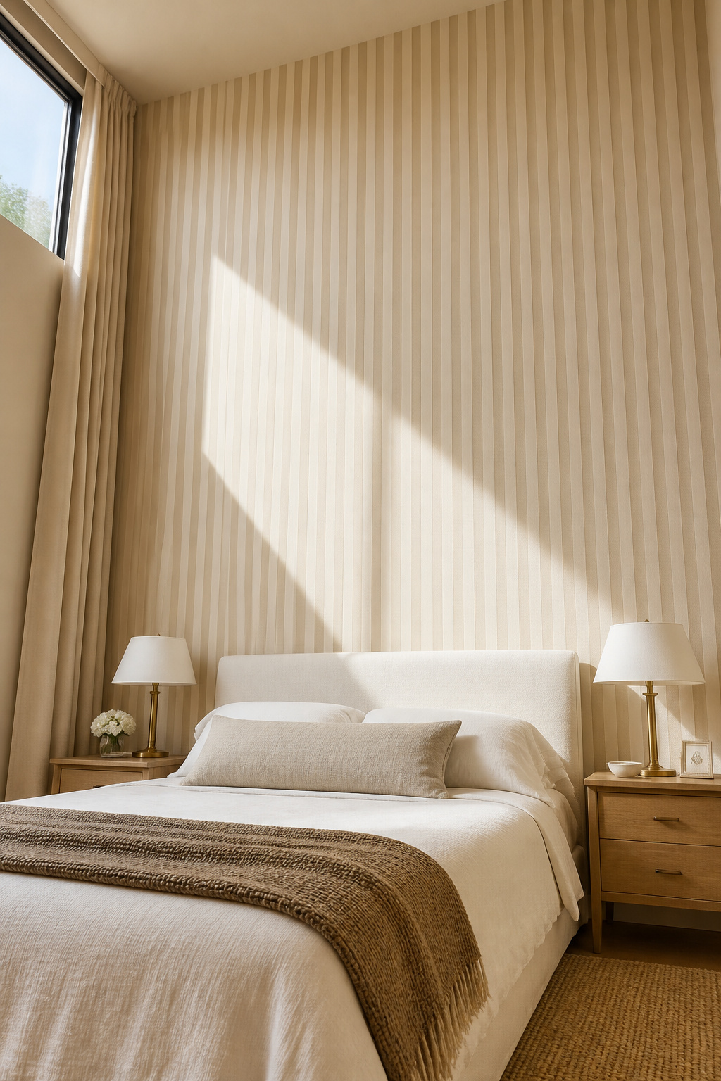 Narrow cream-and-putty vertical stripe bedroom wallpaper draws the eye upward and adds visible perceived height to a room with a standard ceiling.