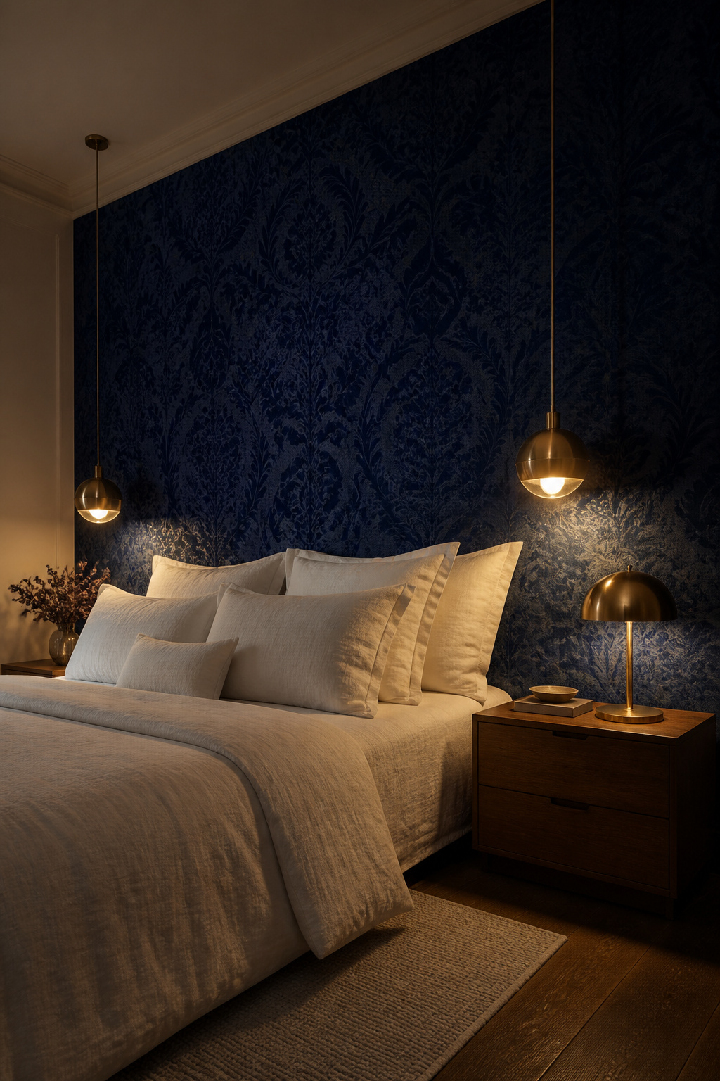 Deep sapphire jewel-tone bedroom wallpaper creates the cocoon effect shown to support serotonin production and sleep quality.