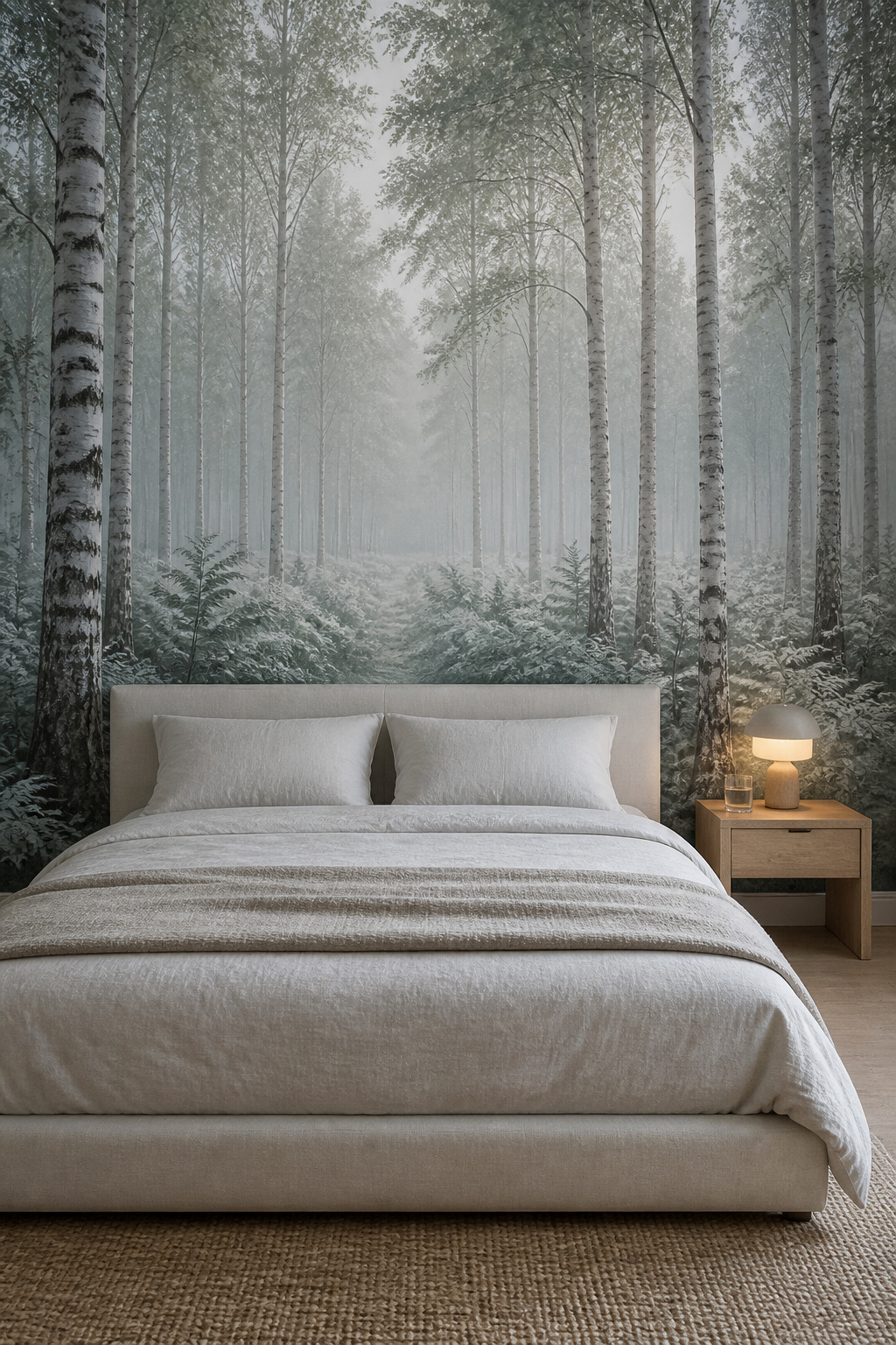 A misty birch woodland mural transforms a compact bedroom wall into a receding forest view, expanding perceived space significantly.