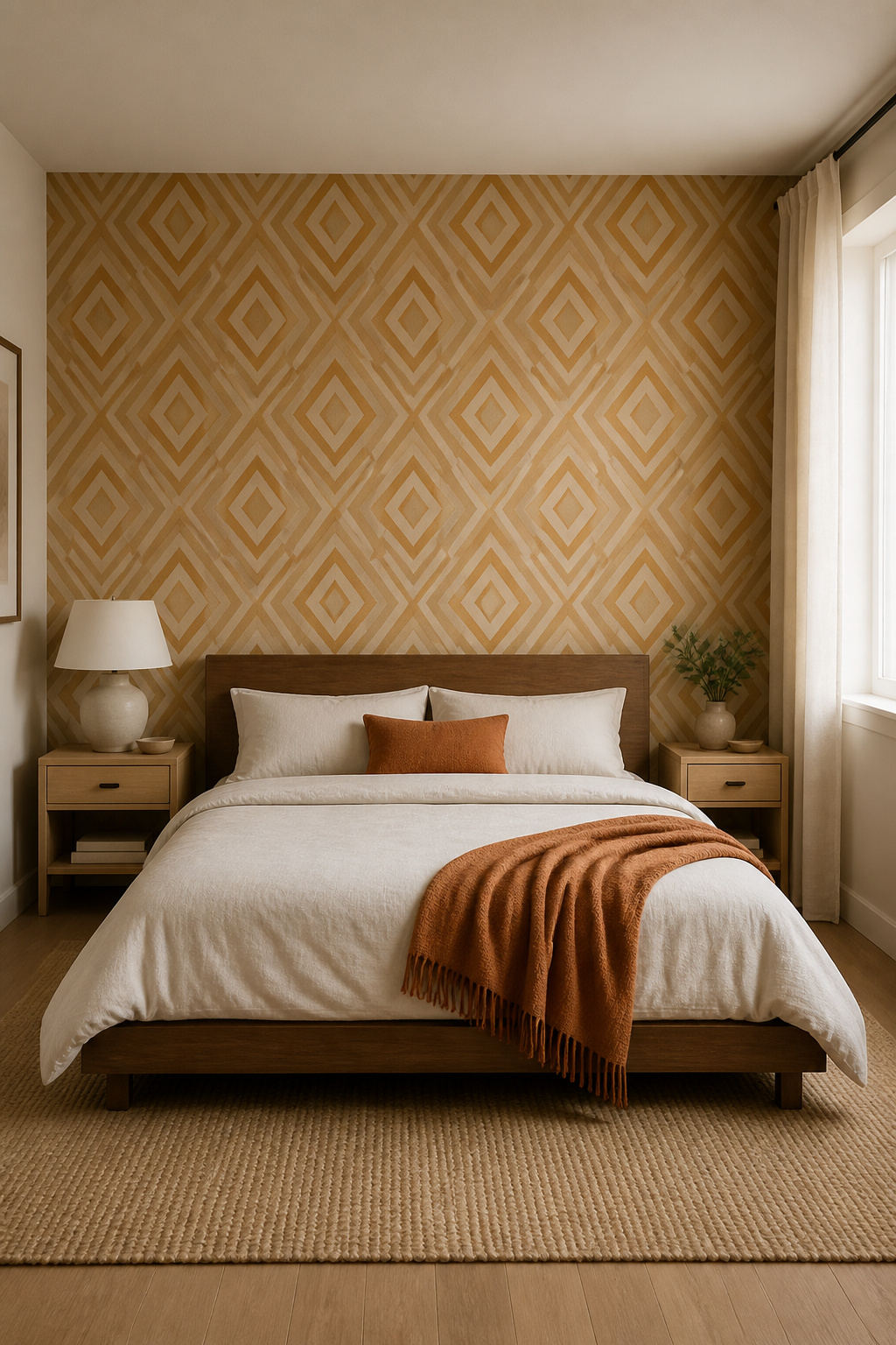 Warm-toned geometric bedroom wallpaper designs in ochre and putty create grounded, contemporary atmosphere without the arousal risk of high-contrast patterns.