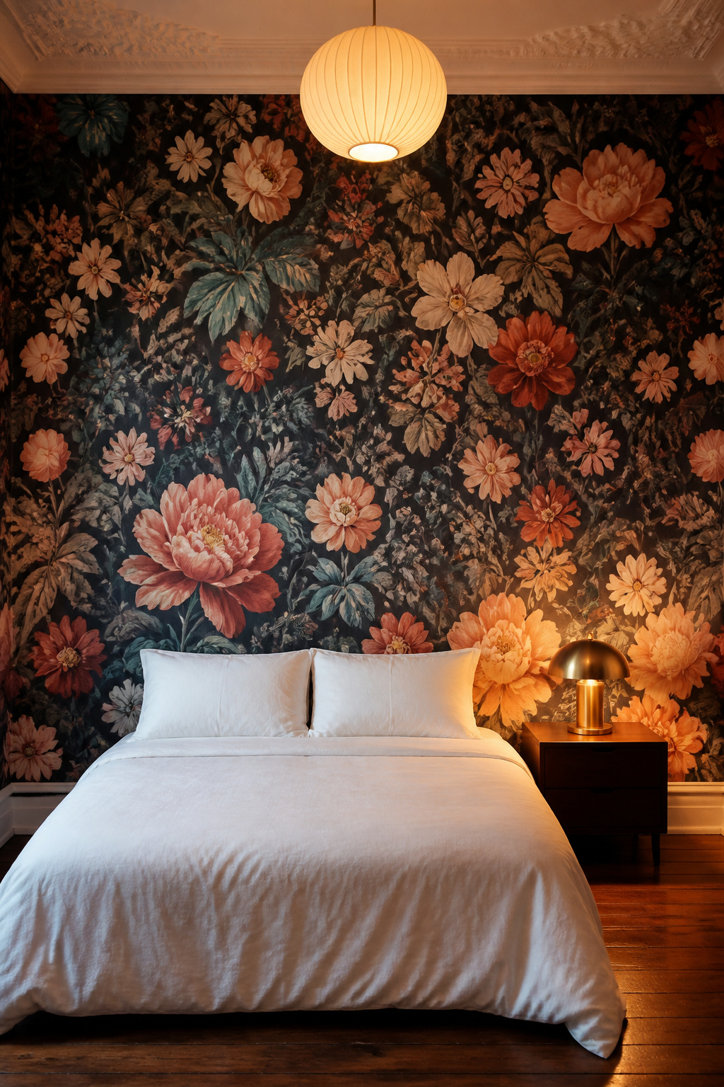 Maximalist floral bedroom wallpaper in teal, terracotta, and cream rewards the eye with curated abundance — the key is a tightly controlled palette.