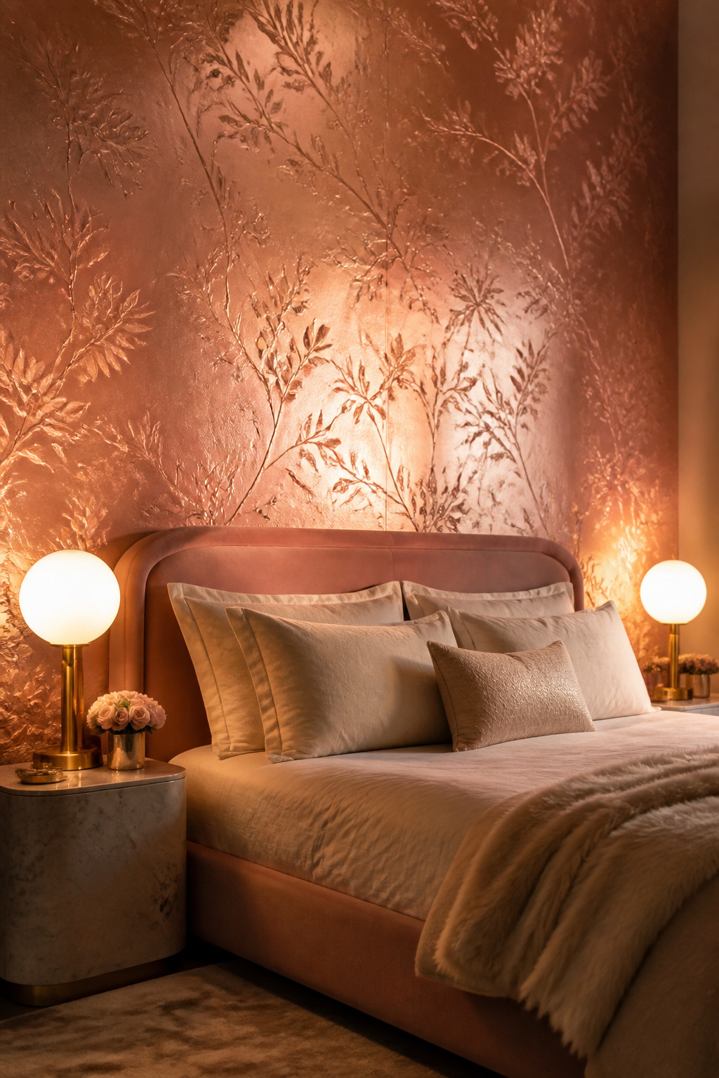 Rose gold metallic bedroom wallpaper glows warmly under evening lamplight — a surface that actively rewards the lighting design around it.