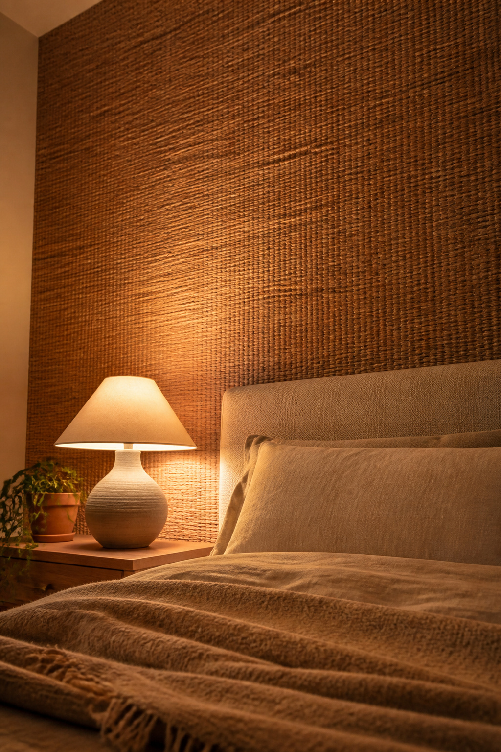 Natural grasscloth wallpaper on the headboard wall brings tactile warmth and subtle acoustic softening that painted walls can't replicate.