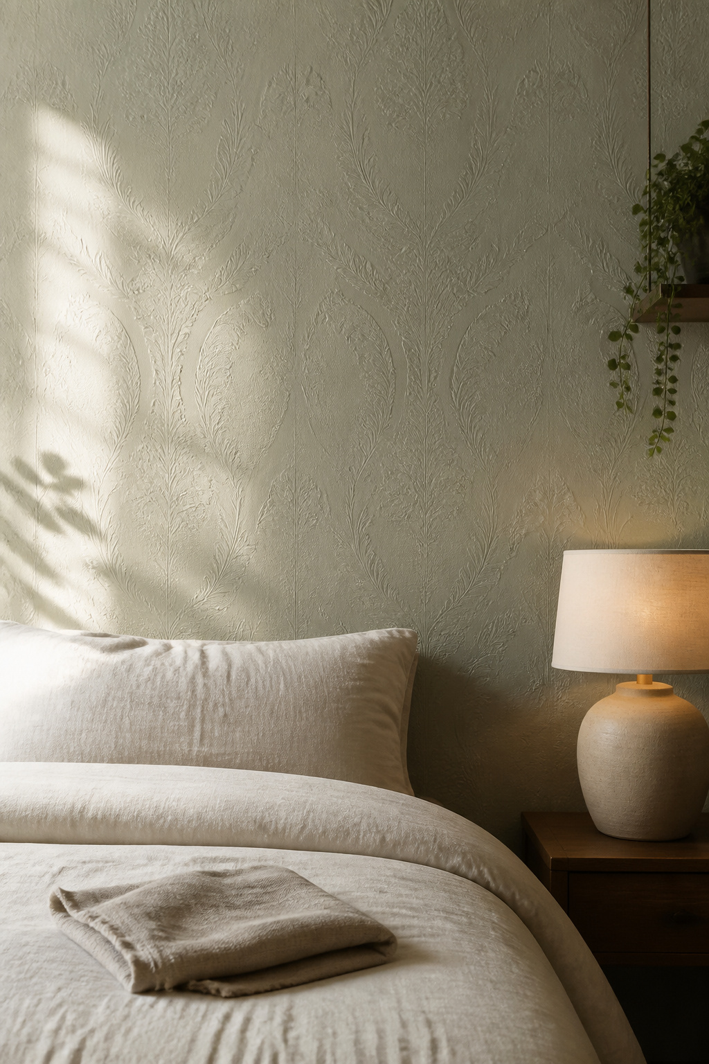 Sage tone-on-tone bedroom wallpaper delivers measurable pattern depth without any stimulation — the most psychologically efficient of all bedroom wallpaper designs for sleep.