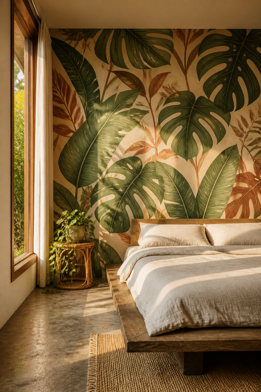 A botanical feature wall in forest green and cream creates a sleep-supportive, biophilic atmosphere in this calm, unfussy bedroom.