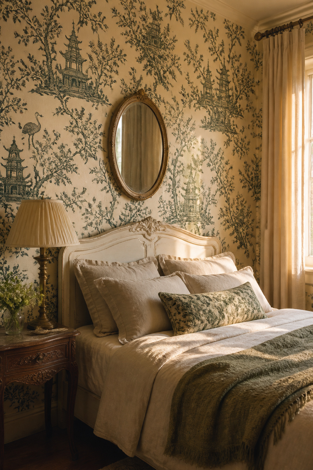 Chinoiserie toile wallpaper in forest green and cream brings the calm of heritage pattern to a bedroom without tipping into period recreation.