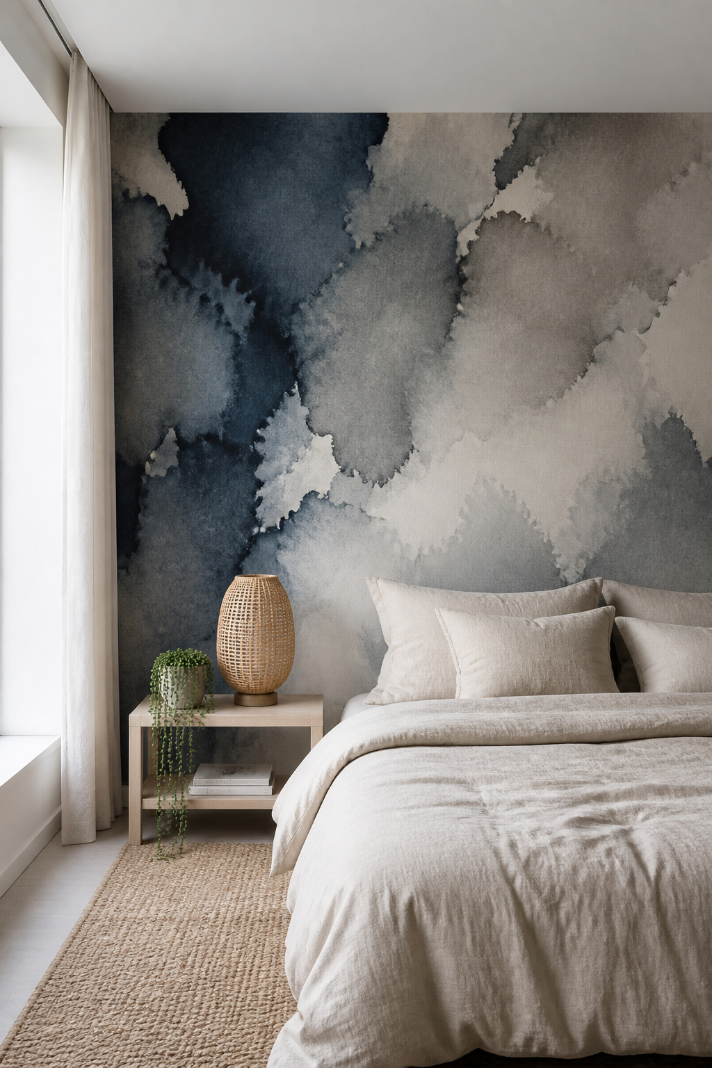 An ink-wash abstract feature wall brings gallery-quality visual engagement to the bedroom without the stimulation risk of high-contrast imagery.