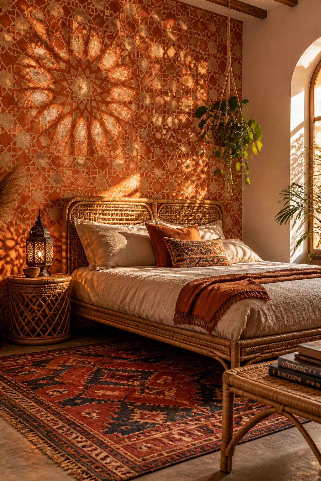 A Moroccan geometric bedroom wallpaper in terracotta and cream layers cultural depth into the bedroom in a way that neutral patterns can't replicate.