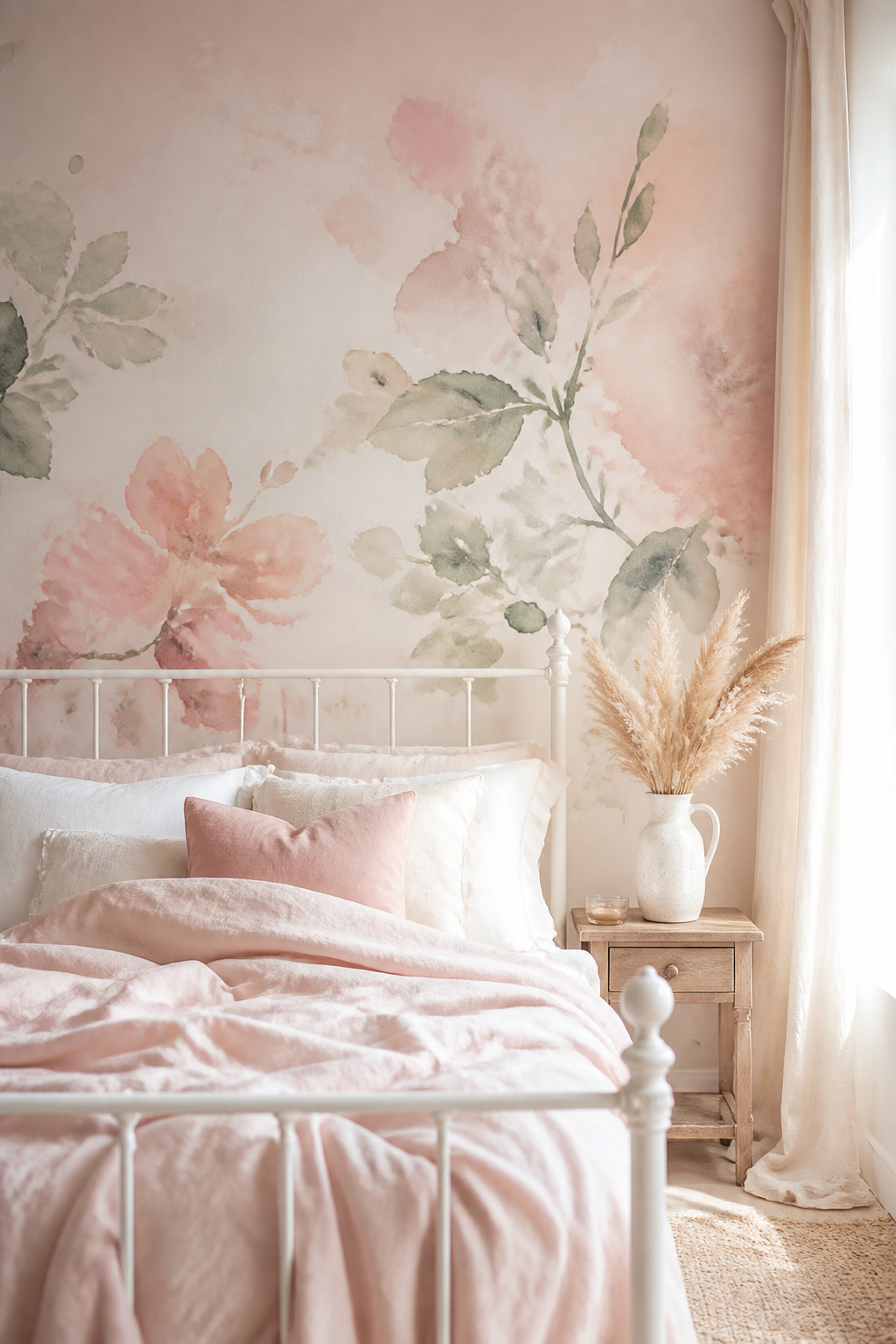 Soft blush watercolour wallpaper catches morning light with a shifting warmth that painted walls simply can't produce.