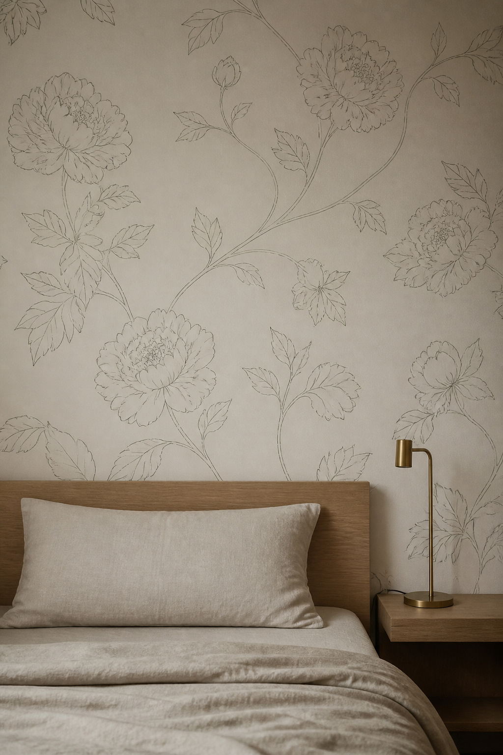 Botanical line art bedroom wallpaper on warm cream occupies the perfect middle ground — considered enough to feel designed, calm enough to disappear at night.