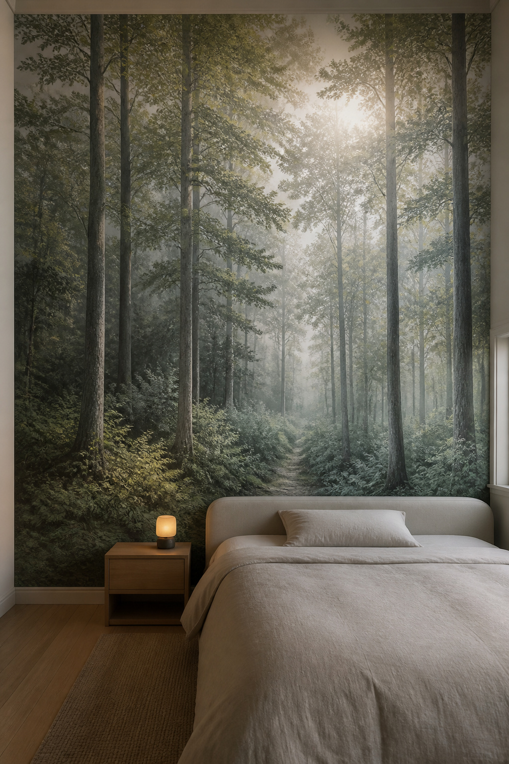 A dappled forest mural activates the same neurological calm response as an actual woodland view — the strongest evidence-backed bedroom wallpaper design for sleep.