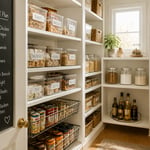 An organized, light-filled walk-in kitchen pantry with labeled clear bins, glass jars, pull-out baskets, and a chalkboard meal planning panel on the door — a complete kitchen storage pantry system photographed in editorial style.