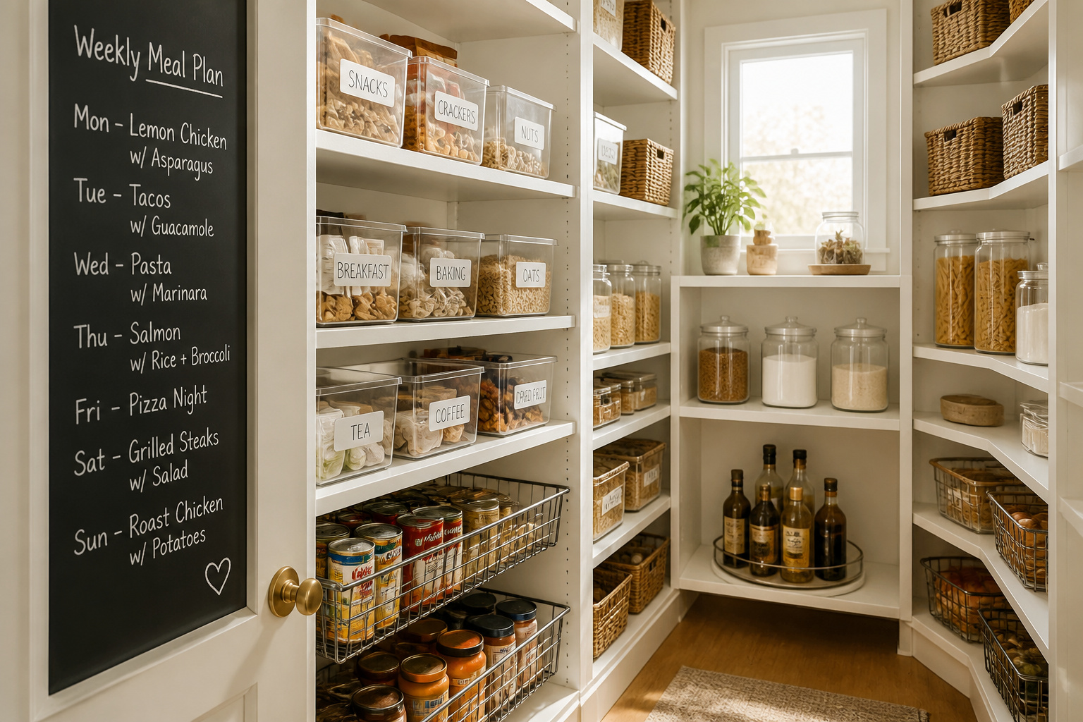 An organized, light-filled walk-in kitchen pantry with labeled clear bins, glass jars, pull-out baskets, and a chalkboard meal planning panel on the door — a complete kitchen storage pantry system photographed in editorial style.