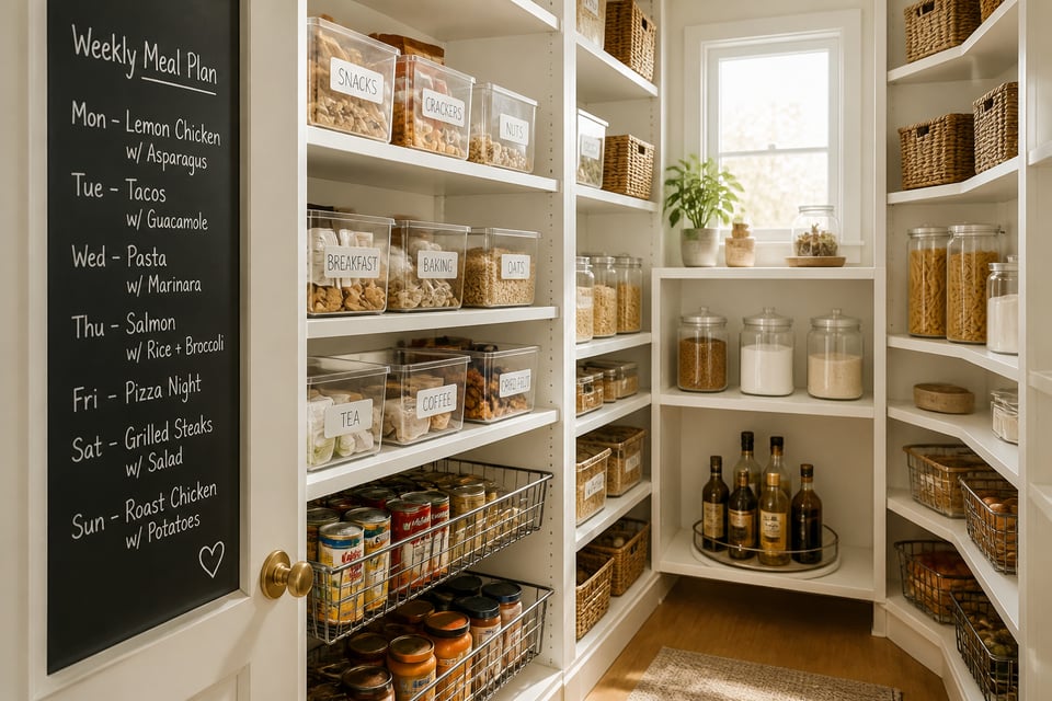 An organized, light-filled walk-in kitchen pantry with labeled clear bins, glass jars, pull-out baskets, and a chalkboard meal planning panel on the door — a complete kitchen storage pantry system photographed in editorial style.
