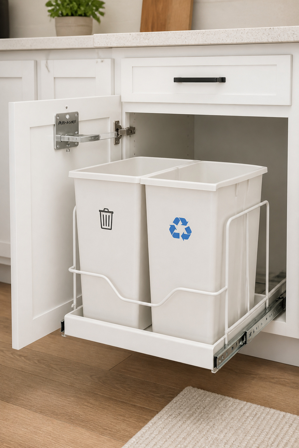 Open lower pantry cabinet showing a pull-out unit with two white waste and recycling bins on soft-close slides, integrated into the cabinet.