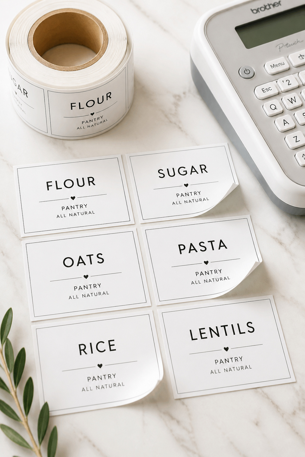 Flat-lay close-up of preprinted waterproof pantry labels in matte white with black text arranged on a marble surface beside a label maker.