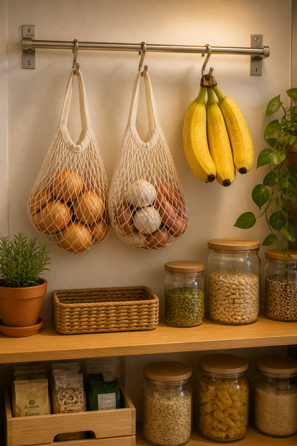 Stainless wall rail above pantry shelf with hanging mesh bags of onions and garlic and a banana hook, maximizing the vertical space near the ceiling.