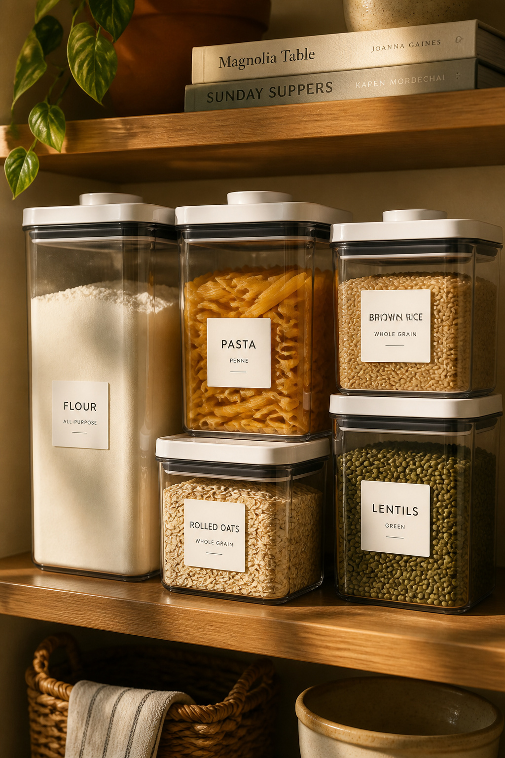 Pantry shelf with a coordinated collection of labeled airtight glass and clear containers holding flour, pasta, rice, lentils, and oats in warm light.