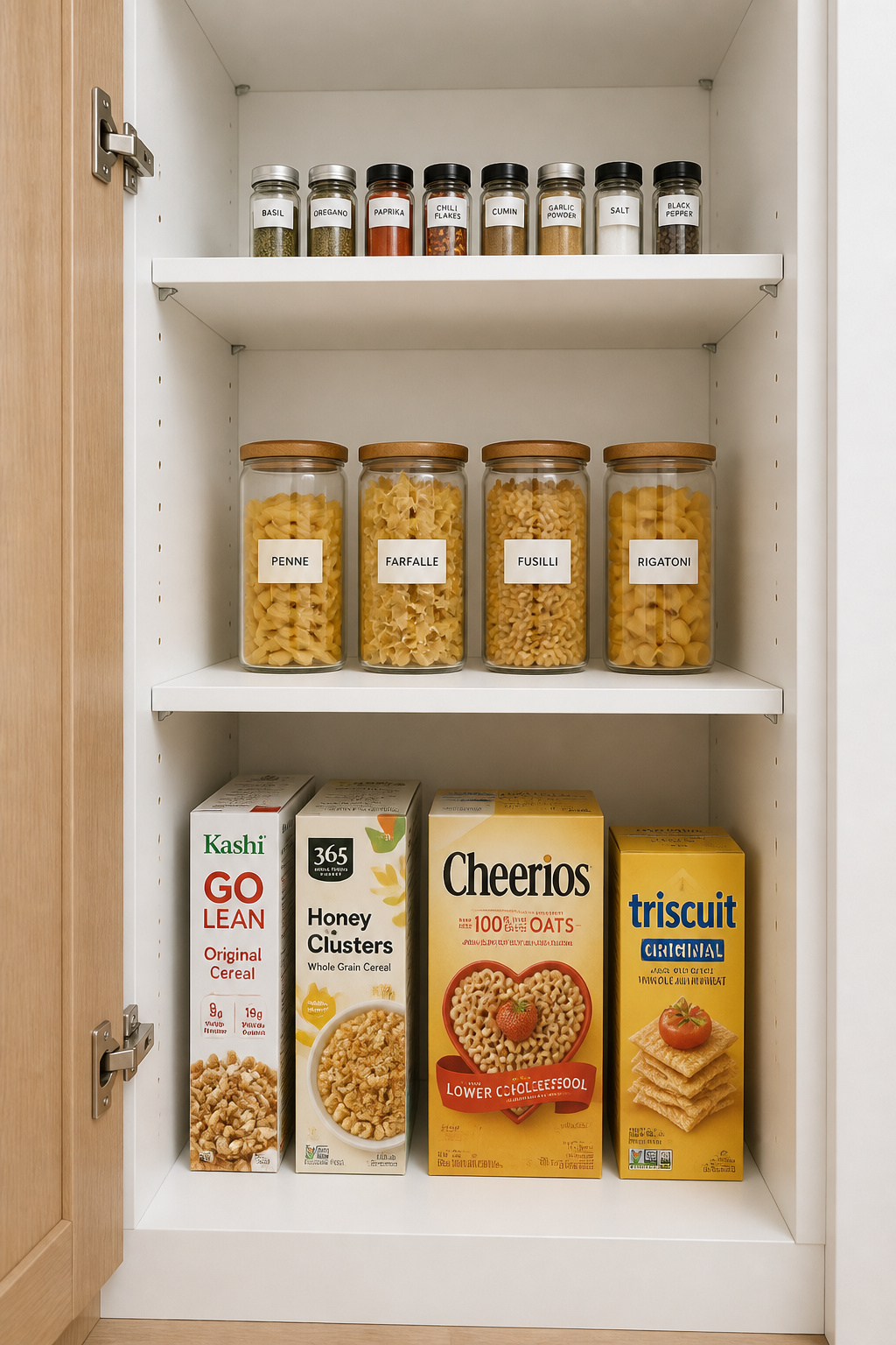 Pantry cabinet interior with adjustable shelves set at different heights for cereal boxes, pasta jars, and spice containers, showing customized fit.