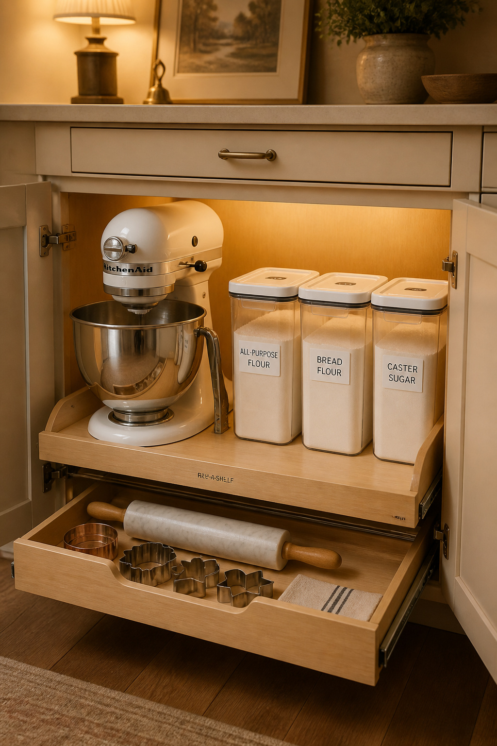 Lower pantry cabinet baking station with a stand mixer on a pull-out lift, labeled flour containers, and a tray of rolling pin and cutters.