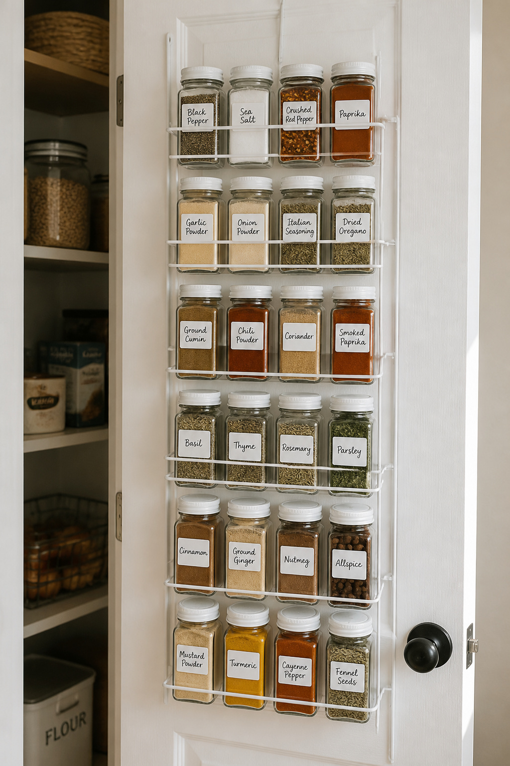 Inside of a white pantry door fitted with a tiered wire spice rack holding labeled glass jars, partially open to reveal organized shelves behind.