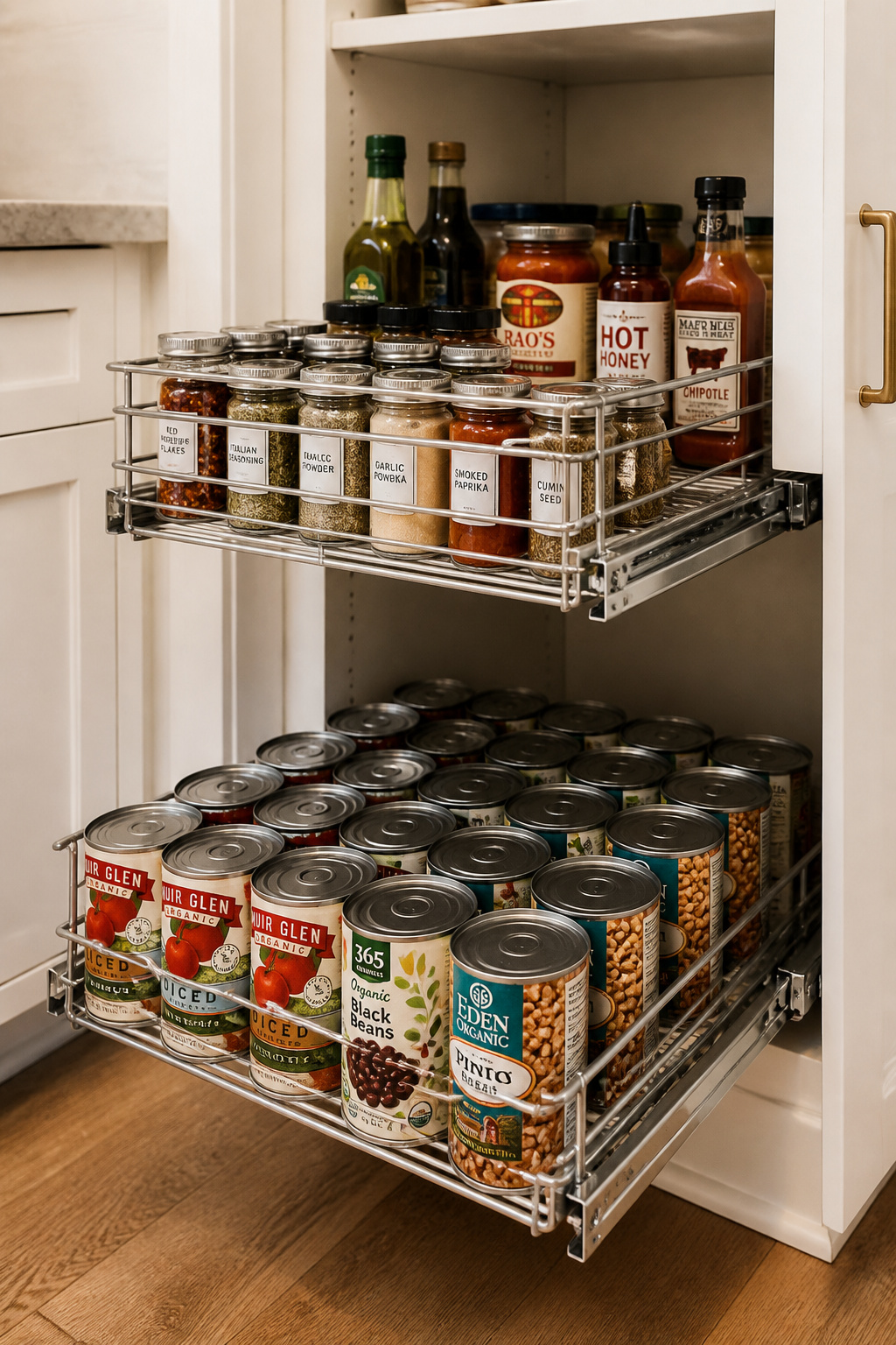 White pantry cabinet with extended pull-out wire baskets showing neatly organized canned goods and jars, shot close-up in warm kitchen light.