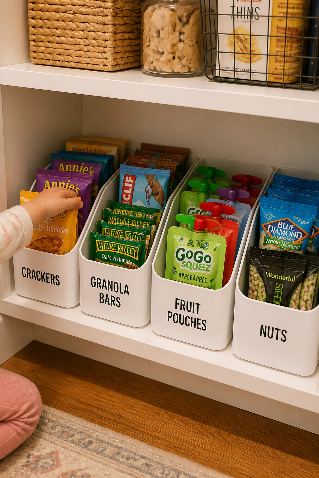 Lower pantry shelf with four labeled white open-front snack bins at child height, with a child's hand reaching for crackers.