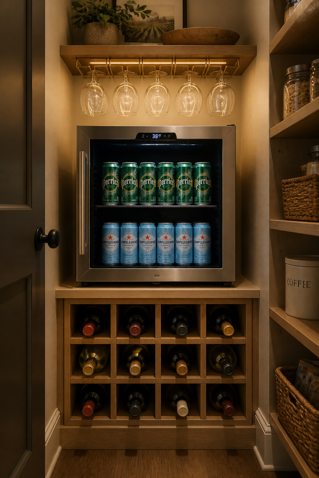 Pantry corner with a wooden wine rack, compact glass-door beverage fridge, and overhead stemless wine glass holder in warm ambient light.