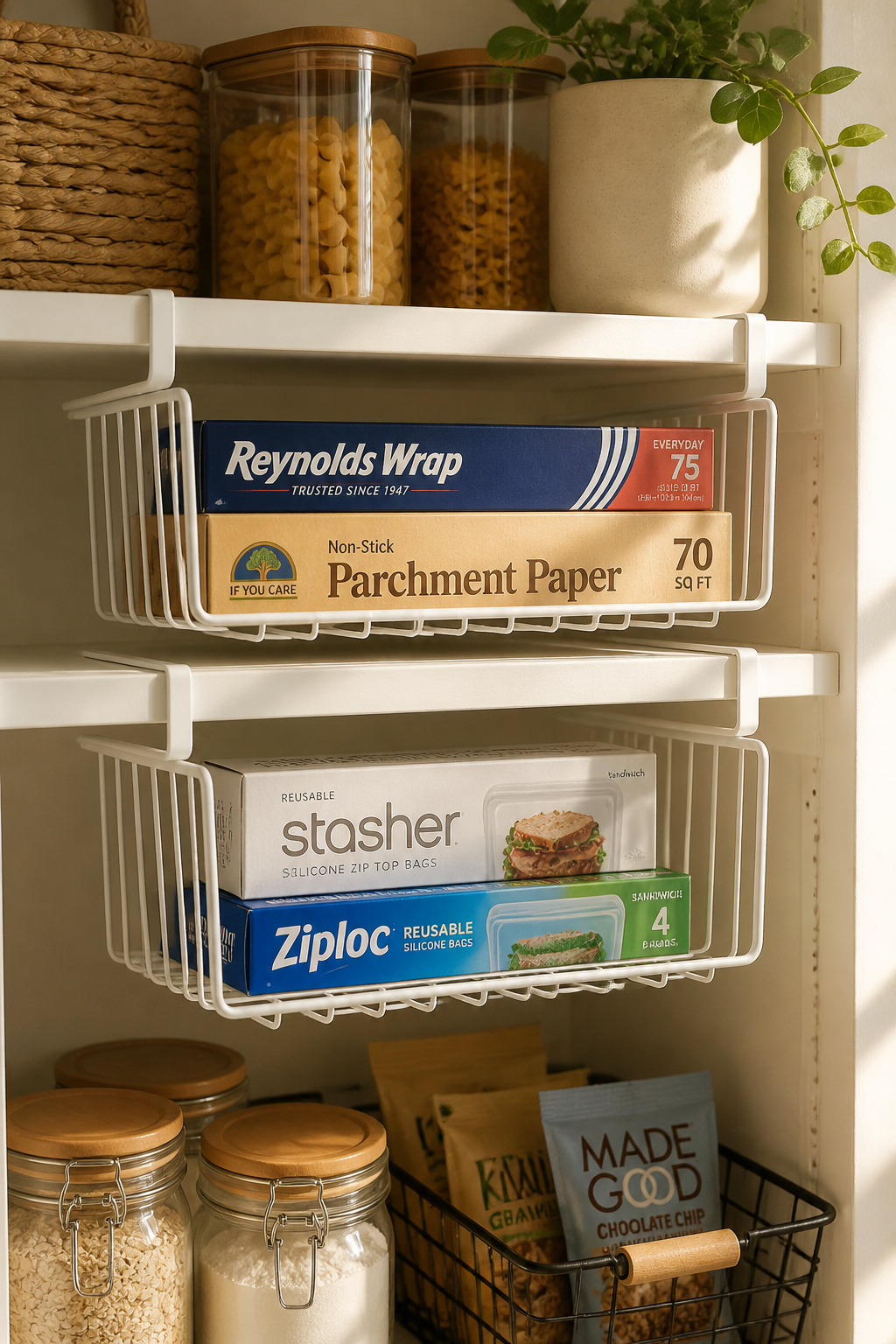 White wire clip-on baskets hanging under pantry shelves, holding foil rolls and reusable bags to maximize the vertical gap between shelves.