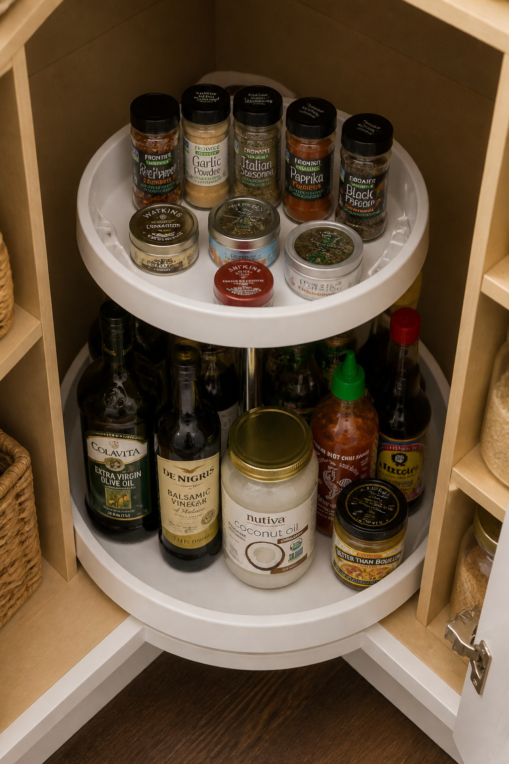 Corner pantry shelf with a white double-tier lazy Susan holding oils, vinegars, and sauce jars, photographed from above in warm light.