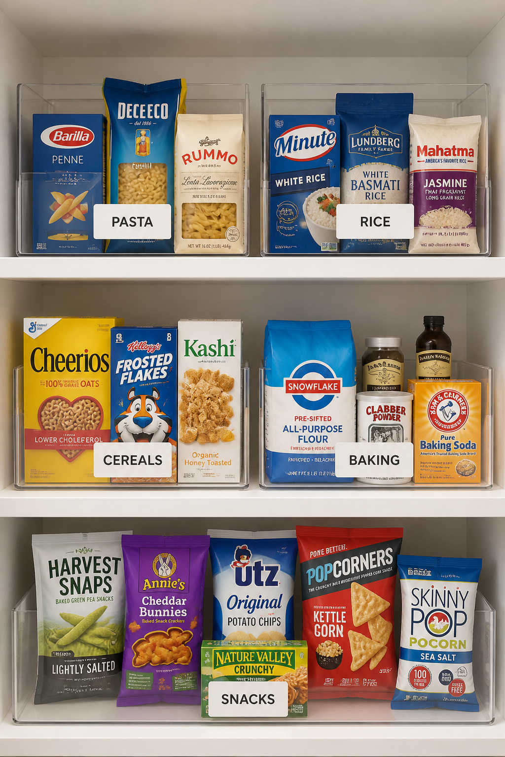 White pantry shelves with clear open-front stackable bins labeled for each food category, showing organized contents through transparent sides.