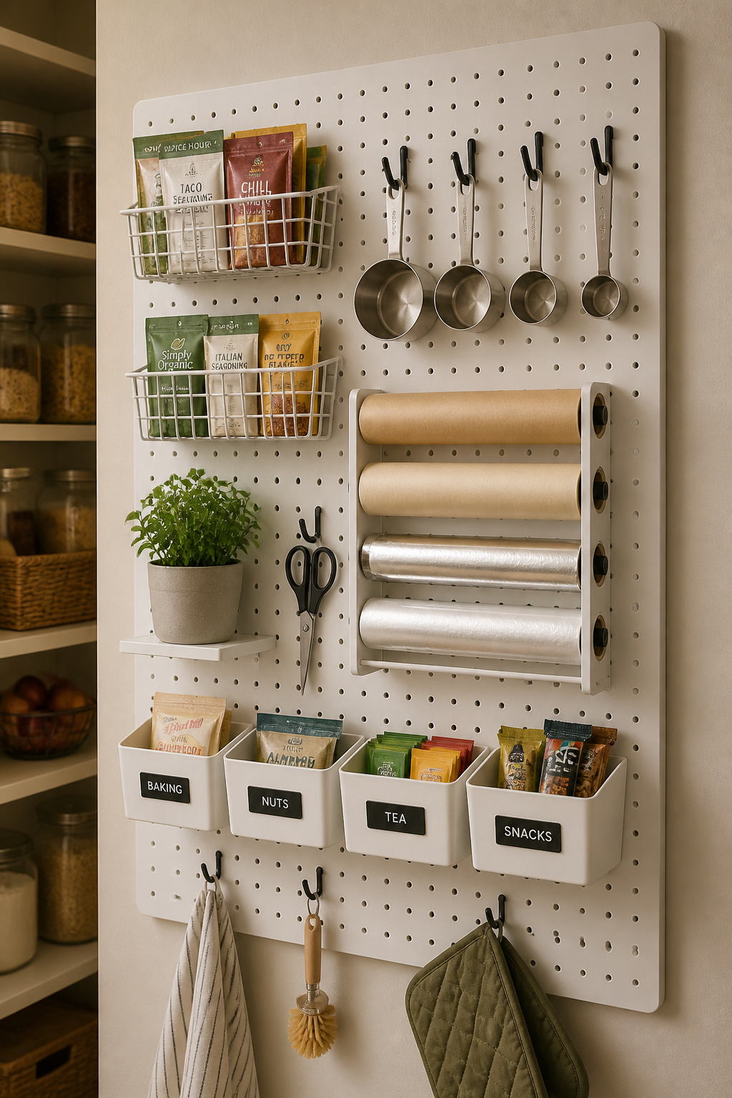White painted pegboard panel in a pantry with measuring cups, spice packet baskets, and roll holders organized on various hooks and accessories.
