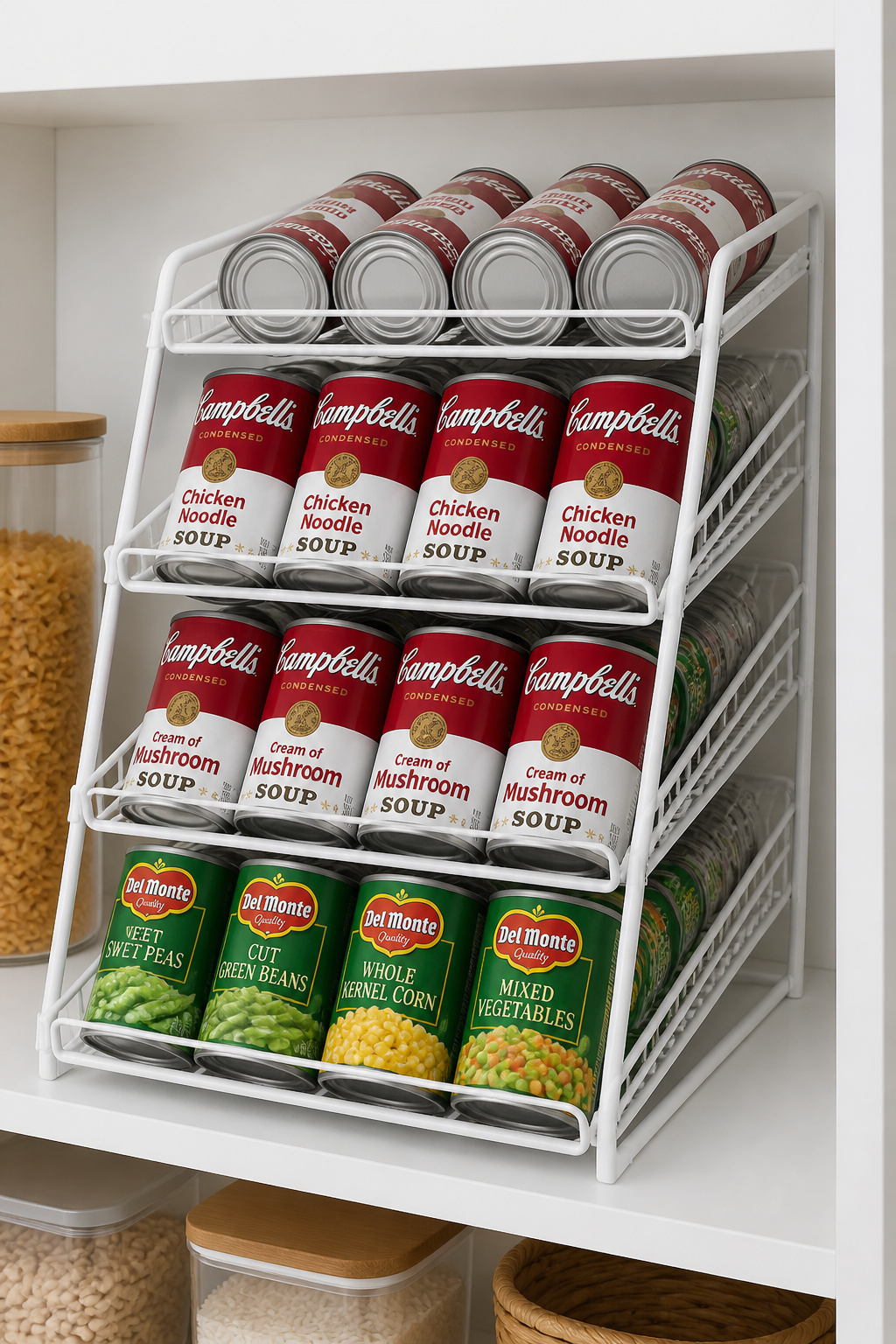A white wire FIFO tiered can organizer on a pantry shelf with rows of canned goods automatically rotating oldest to front.