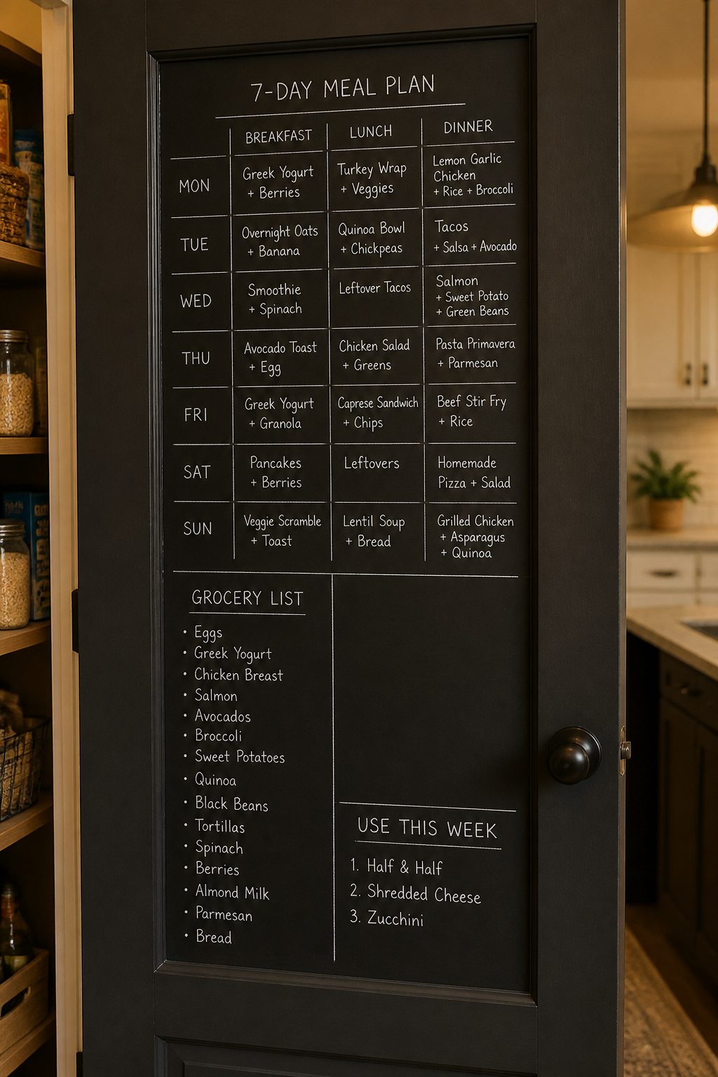 Dark charcoal pantry door interior with a chalkboard panel showing a weekly meal plan grid, grocery list column, and use-this-week reminder section in white chalk marker.