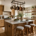 A warm, well-organized kitchen combining pull-out shelving, overhead pot storage, pantry canisters, and a dedicated coffee station.