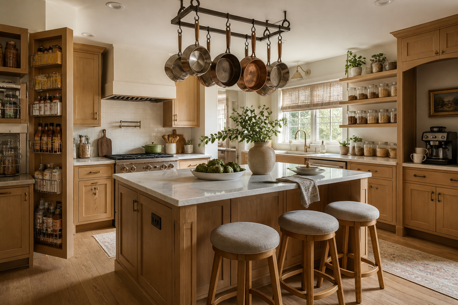 A warm, well-organized kitchen combining pull-out shelving, overhead pot storage, pantry canisters, and a dedicated coffee station.