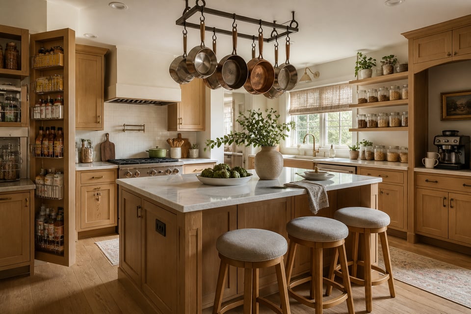 A warm, well-organized kitchen combining pull-out shelving, overhead pot storage, pantry canisters, and a dedicated coffee station.