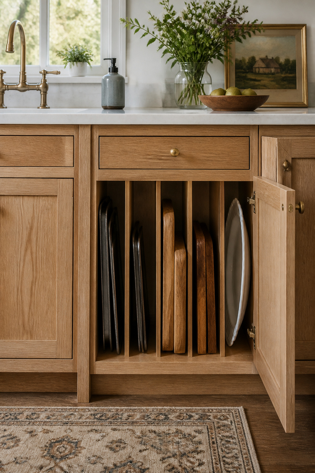 Vertical dividers keep baking sheets and cutting boards upright and easy to grab, instead of stacked and buried.