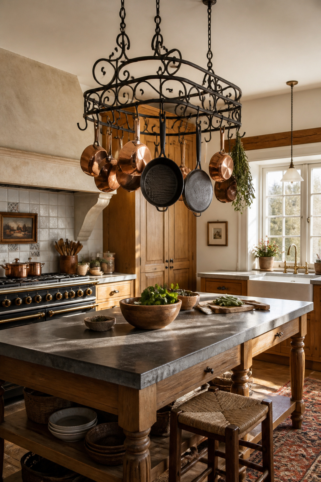 A ceiling-mounted pot rack over a kitchen island frees up crowded lower cabinets for other storage.
