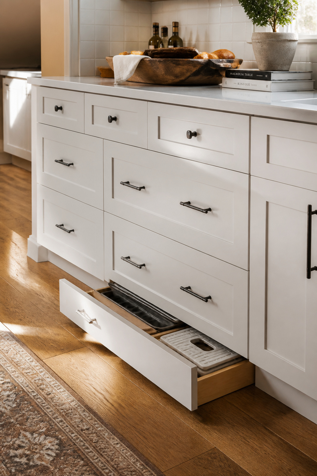 A toe-kick drawer pulled open at floor level, turning previously wasted space into slim, usable storage.