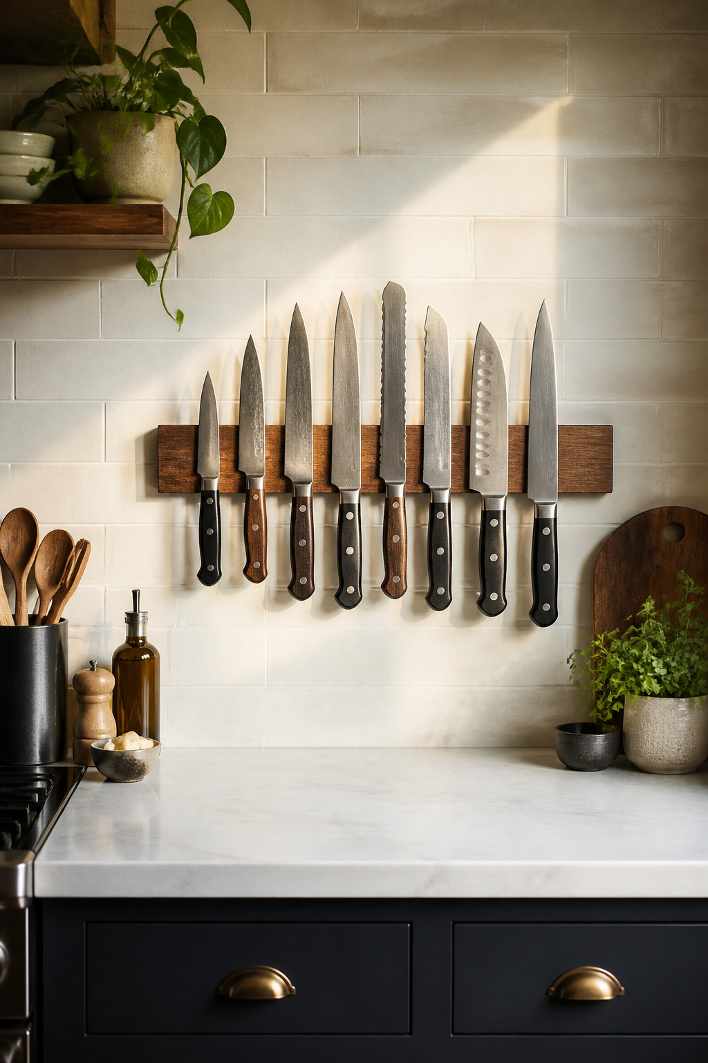 A wall-mounted magnetic knife strip keeps blades visible and within reach while freeing up counter and drawer space.